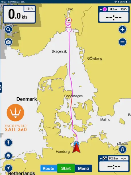 Navigationskarte der YachtWelt Sail 360 Regatta von Boltenhagen nach Oslo.